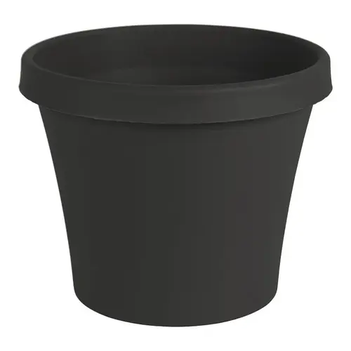 Terra Planter, 8-3/4 in W, 8-3/4 in D, Round, Tapered Design, Plastic, Black, Matte