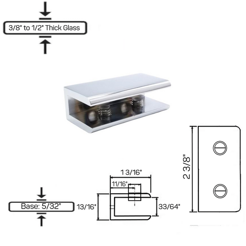 GCN-3 No Fabrication Fixed Panel Glass Clamp for 3/8" to 1/2" Thick Glass-Chrome