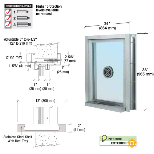 Satin Anodized 34" Wide x 38" High Bullet Resistant Clamp-On Exterior Window With Speak-Thru and Shelf With Deal Tray Protection Level 1