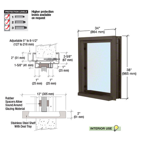 Duranodic Bronze 34" Wide Bullet Resistant Interior Window With Surround Sound and 12" Shelf With Deal Tray