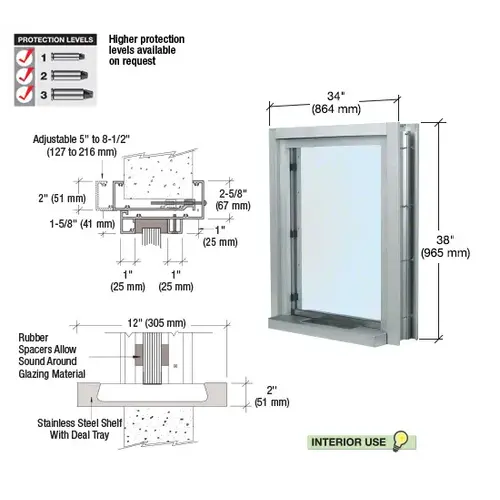 Satin Anodized 34" Wide Bullet Resistant Interior Window With Surround Sound and 12" Shelf With Deal Tray