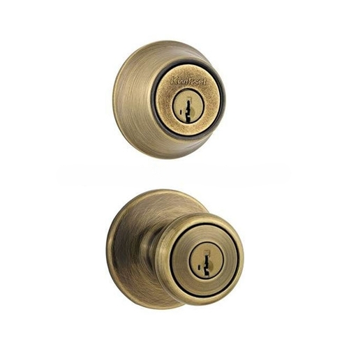 Combo Keyed Entry Tylo Knob with Single Cylinder Deadbolt SmartKey with RCAL Latch and RCS Strike Antique Brass Finish