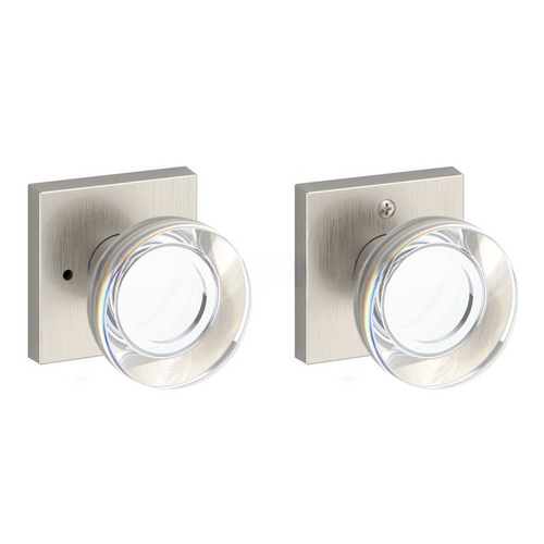 Privacy Contemporary Crystal Knob and Contemporary Square Rose with 6AL Latch and Dual Strike Satin Nickel Finish