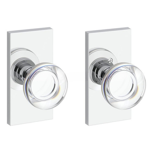 Passage Contemporary Crystal Knob with Contemporary 5" Rose with 6AL Latch and Dual Strike Bright Chrome Finish