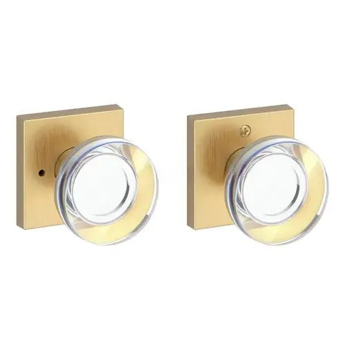 Privacy Contemporary Crystal Knob and Contemporary Square Rose with 6AL Latch and Dual Strike Lifetime Satin Brass Finish