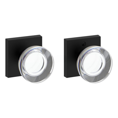 Passage Contemporary Crystal Knob with Contemporary Square Rose with 6AL Latch and Dual Strike Satin Black Finish