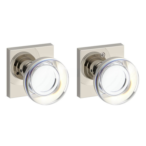 Privacy Contemporary Crystal Knob and Contemporary Square Rose with 6AL Latch and Dual Strike Lifetime Bright Nickel Finish