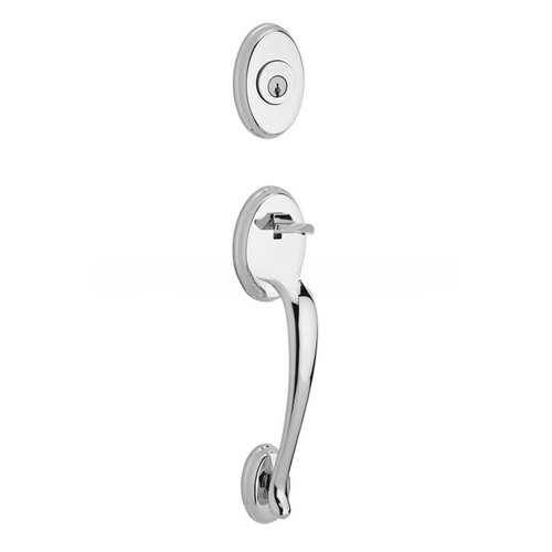 Single Cylinder Columbus Handleset Right Hand Curve Lever and Traditional Arch Rose with 6AL Latch, Dual Strike, and SmartKey Bright Chrome Finish