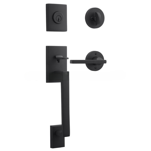 Single Cylinder La Jolla Handleset with Right Hand Square Lever and Contemporary Round Rose with 6AL Latch and Dual Strike Satin Black Finish