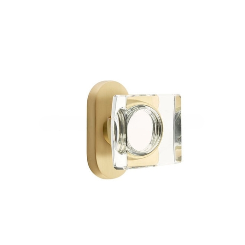 Modern Square Glass Knob Dummy Pair with 1-1/2" X 3" Oval Stretto Narrow Trim Lockset for 1-1/4" to 1-3/4" Door Satin Brass Finish