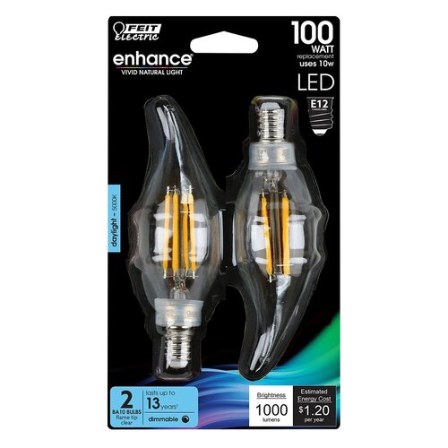 2 LED Light Bulb, Bent Tip Lamp, 100 W Equivalent, E12 Candelabra Lamp Base, Dimmable - pack of 2