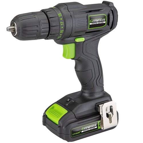 Genesis GLCD20CSE Cordless Drill and Driver, Battery Included, 20 V, 3/8 in Chuck, Keyless Chuck
