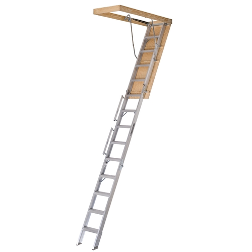 Louisville AL258P Everest Series AL258P Attic Ladder, 10 to 12 ft H Ceiling, 25-1/2 x 63 in Ceiling Opening, 13-Step, 350 lb