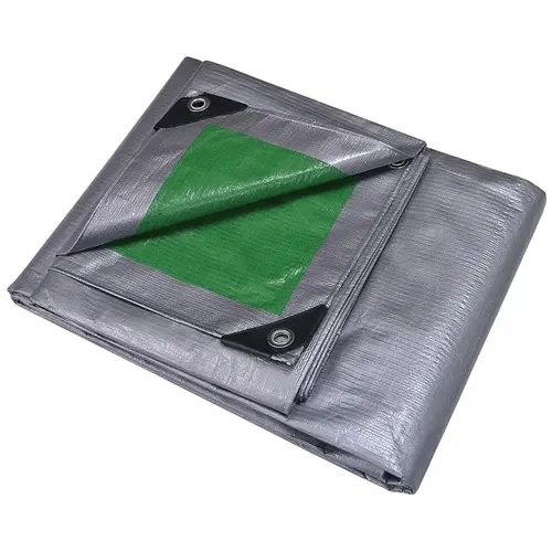 Heavy-Duty Tarp, 24 ft L, 12 ft W, 8 mil Thick, Polyethylene, Green/Silver