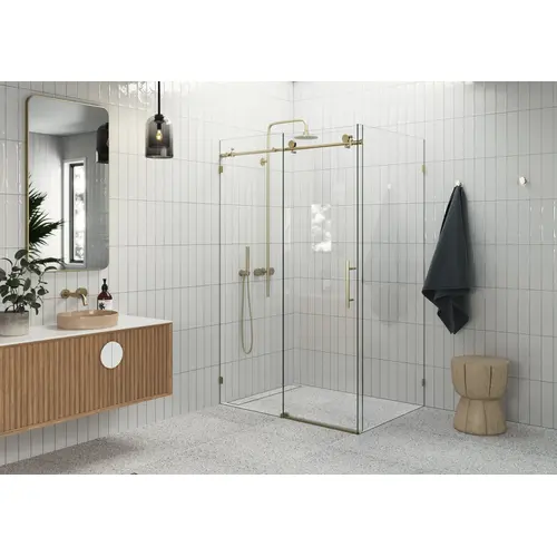 Nova 48 in. x 38 in. x 78 in. Fully Frameless 90-degree Slider Shower Enclosure Satin Brass