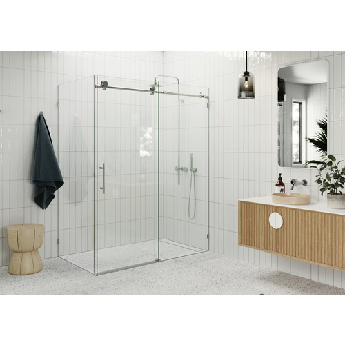 Nova 56 in. x 40 in. x 78 in. Fully Frameless 90-degree Slider Shower Enclosure Chrome