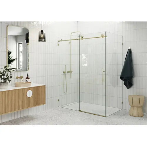 Nova 64 in. x 38 in. x 78 in. Fully Frameless 90-degree Slider Shower Enclosure Satin Brass