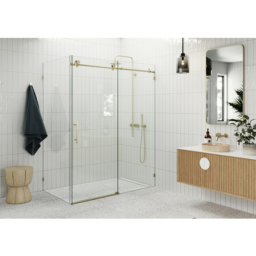 Nova 56 in. x 40 in. x 78 in. Fully Frameless 90-degree Slider Shower Enclosure Satin Brass