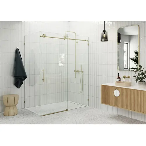 Nova 56 in. x 38 in. x 78 in. Fully Frameless 90-degree Slider Shower Enclosure Satin Brass