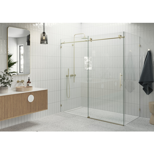 Nova 72 in. x 34 in. x 78 in. Fully Frameless 90-degree Slider Shower Enclosure Satin Brass