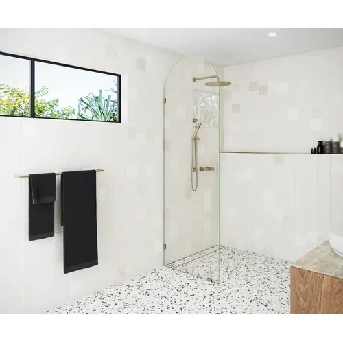 Venus 28 in. x 86.75 in. Fully Frameless Glass Shower Panel - Arched Single Fixed Panel Satin Brass