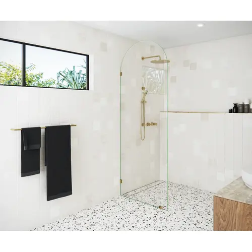 Venus 32 in. x 86.75 in. Fully Frameless Glass Shower Panel - Arched Single Fixed Panel Polished Brass