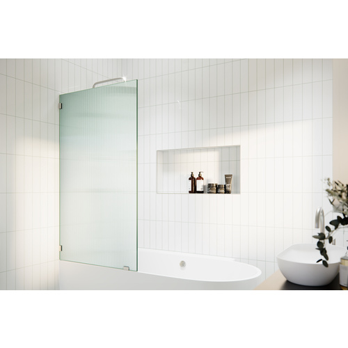 Gaia 30 in. x 58.25 in. Single Fixed Frameless Fluted Frosted Bath Panel Shower Tub Door Brushed Nickel