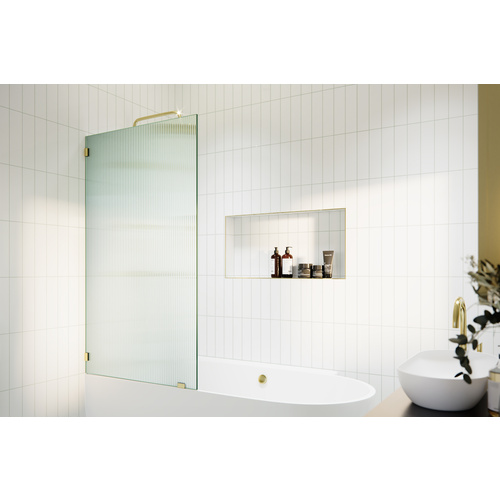 Gaia 30 in. x 58.25 in. Single Fixed Frameless Fluted Frosted Bath Panel Shower Tub Door Polished Brass