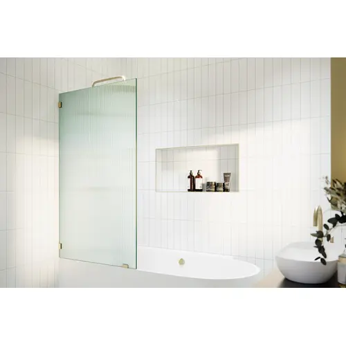 Gaia 34 in. x 58.25 in. Single Fixed Frameless Fluted Frosted Bath Panel Shower Tub Door Satin Brass