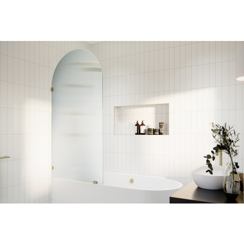 Maven 34 in. x 66.75 in. Single Fixed Frameless Arched Fluted Frosted Bathtub Panel Satin Brass