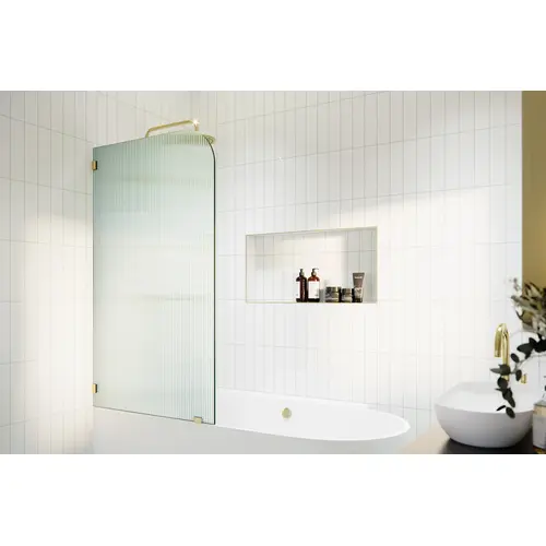 Aurora 58.25" x 34 Frameless Bath Shower Door - Single Fixed Panel Fluted Frosted Radius Left Hand Polished Brass