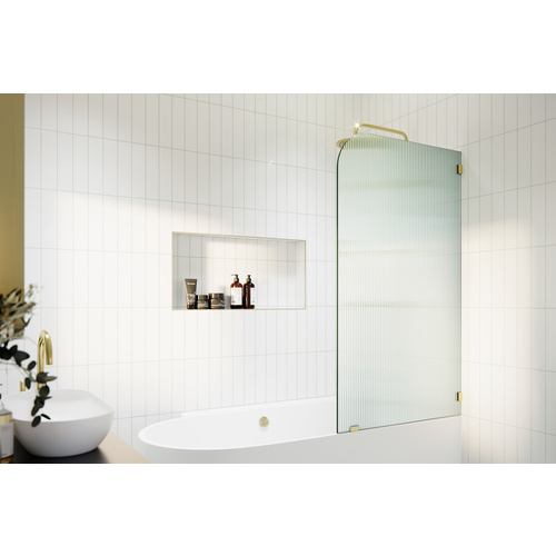 Aurora 58.25" x 34 Frameless Bath Shower Door - Single Fixed Panel Fluted Frosted Radius Right Hand Polished Brass