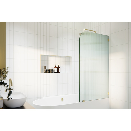 Aurora 58.25" x 34 Frameless Bath Shower Door - Single Fixed Panel Fluted Frosted Radius Right Hand Satin Brass