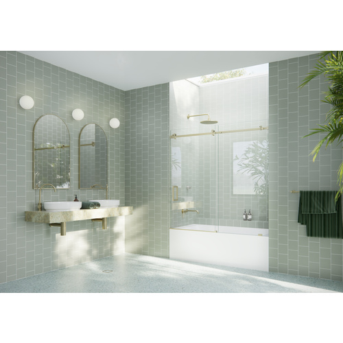 Astro 56 in. - 60 in. x 60in. Frameless Bath Tub Sliding Shower Door with Square Hardware in Satin Brass finish