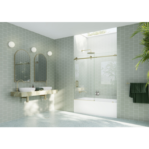 Astro 68 in. - 72 in. x 60in. Frameless Bath Tub Sliding Shower Door with Square Hardware in Satin Brass finish