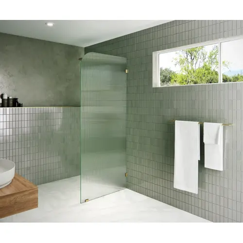 Aurora 32" x 78" Fully Frameless Glass Shower Panel Single Fixed Panel Fluted Frosted Radius Right Hand Satin Brass