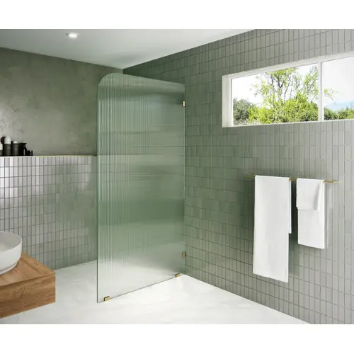 Aurora 40" x 78" Fully Frameless Glass Shower Panel Single Fixed Panel Fluted Frosted Radius Right Hand Satin Brass