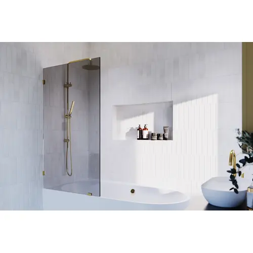 Ursa 34 in. W x 58.25 in. H Frameless Shower Bath Fixed Panel with Gray Tint Polished Brass