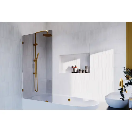 Ursa 34 in. W x 58.25 in. H Frameless Shower Bath Fixed Panel with Gray Tint Satin Brass