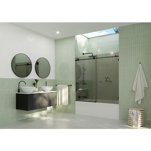 Equinox 60 in. x 60 in. Fully Frameless Glass Bath Slider with Gray Tint Matte Black