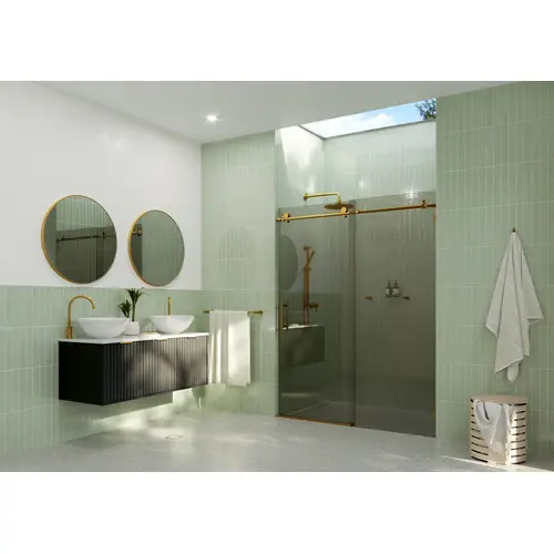 Equinox 60 in. x 78 in. Fully Frameless Glass Sliding Shower Doors with Gray Tint Satin Brass