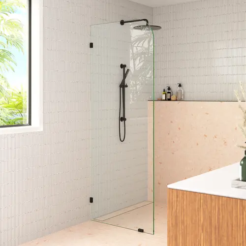 Solaris 34 in. x 78 in. Fully Frameless Glass Shower Panel - Single Fixed Panel - Radius Matte Black