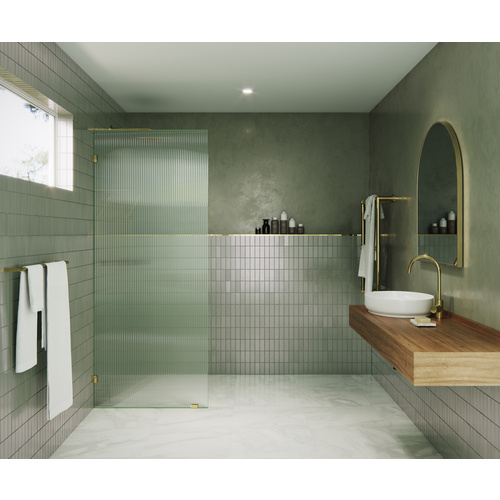 Gaia 32 in. x 78 in. Fully Frameless Glass Shower Panel - Single Fixed Panel - Fluted Frosted Polished Brass