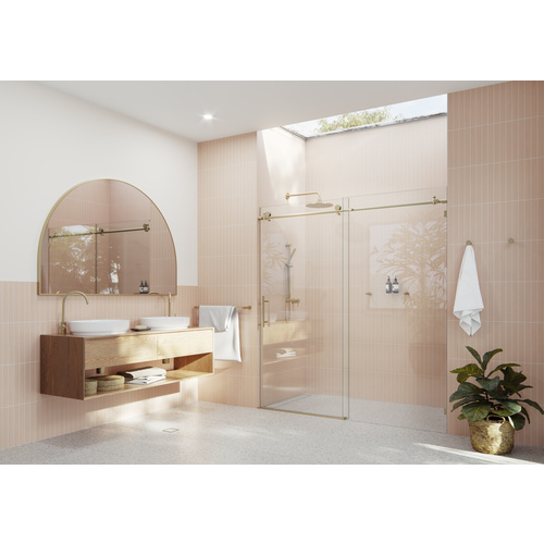 Eclipse 68 in. x 78 in. Fully Frameless Glass Sliding Shower Doors Satin Brass