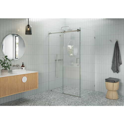 Nova 48 in. - 52 in. x 36 in. x 78 in. Frameless Sliding Shower Door with Return Panel and Square Hardware Brushed Nickel