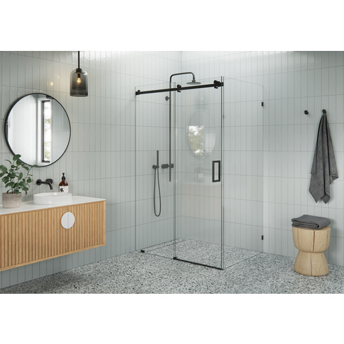 Nova 48 in. - 52 in. x 34 in. x 78 in. Frameless Sliding Shower Door with Return Panel and Square Hardware Matte Black