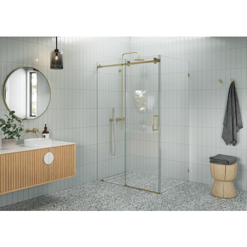 Nova 48 in. - 52 in. x 34 in. x 78 in. Frameless Sliding Shower Door with Return Panel and Square Hardware Satin Brass