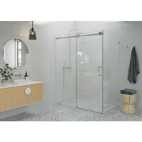 Nova 52 in. - 56 in. x 32 in. x 78 in. Frameless Sliding Shower Door with Return Panel and Square Hardware Brushed Nickel