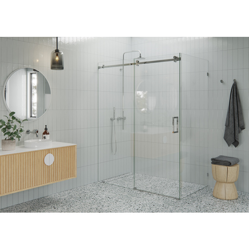 Nova 56 in. - 60 in. x 30 in. x 78 in. Frameless Sliding Shower Door with Return Panel and Square Hardware Chrome