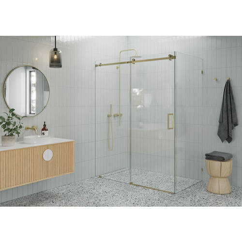 Nova 56 in. - 60 in. x 32 in. x 78 in. Frameless Sliding Shower Door with Return Panel and Square Hardware Satin Brass